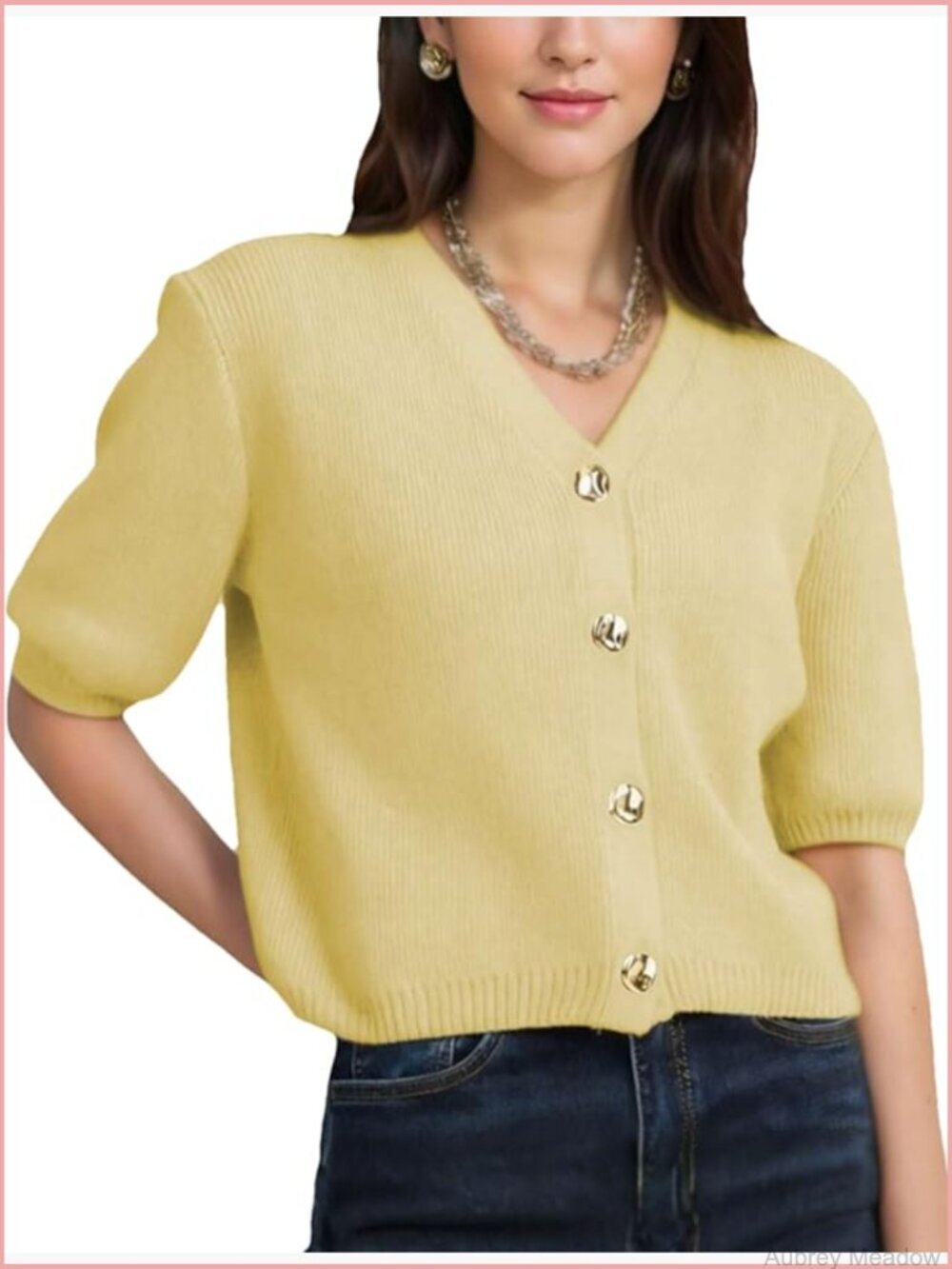 Women's Short Sleeve Cardigan Casual V Neck Cropped Knit Top